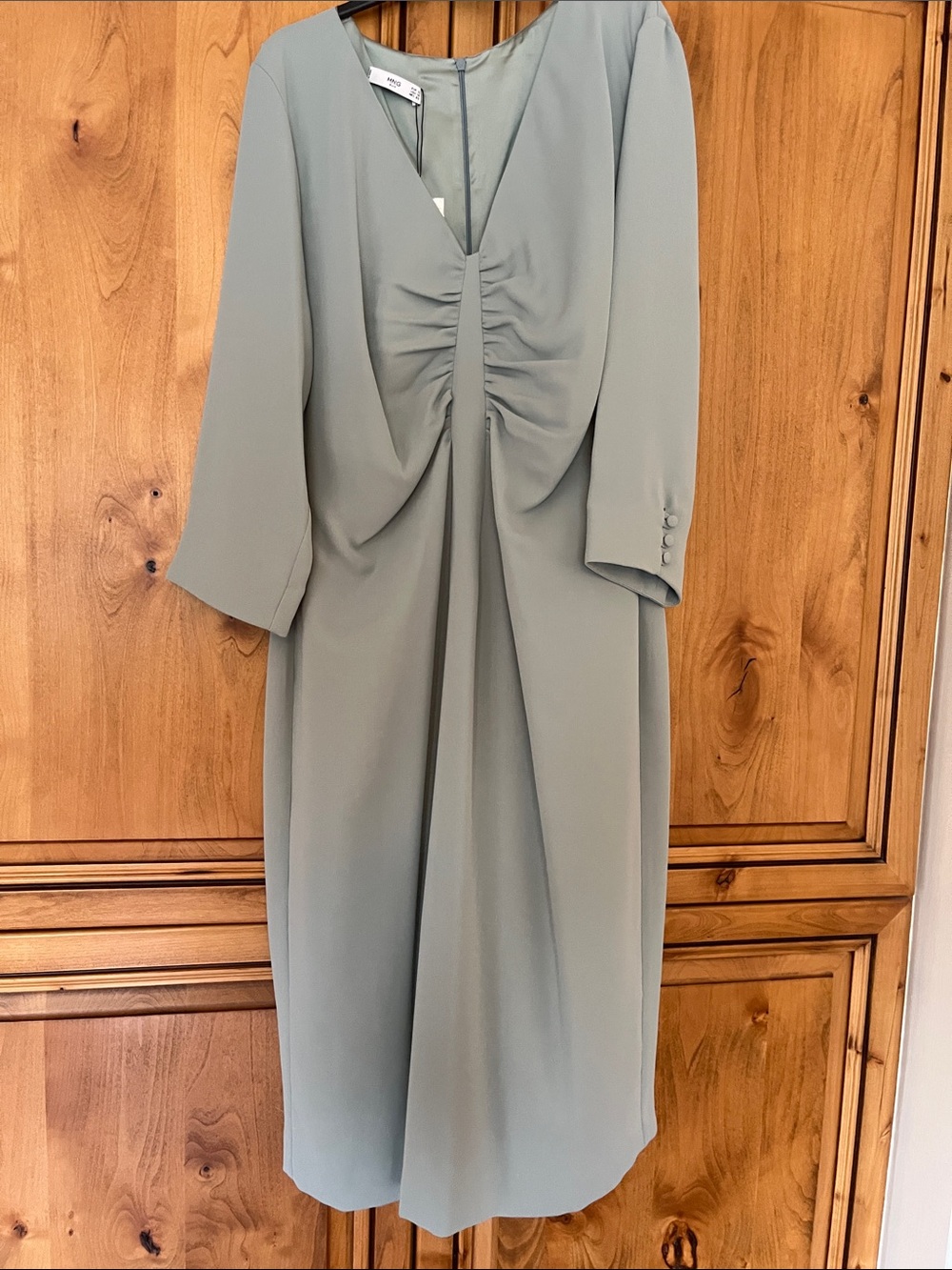 Mango Sage Green Ruched Midi Dress